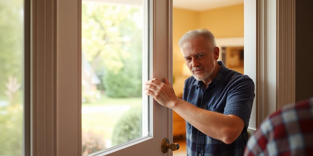 Homeowner unlocking a storm door with a key.