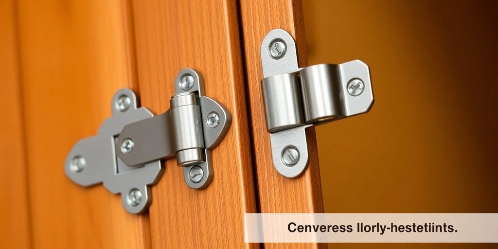 Close-up of Aristokraft cabinet hinges on wood.
