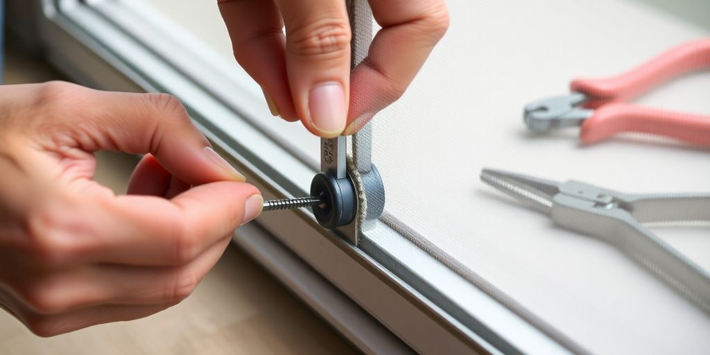 Hands removing wheels from a screen door.