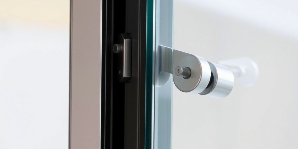 Close-up of sliding glass door rollers installation.
