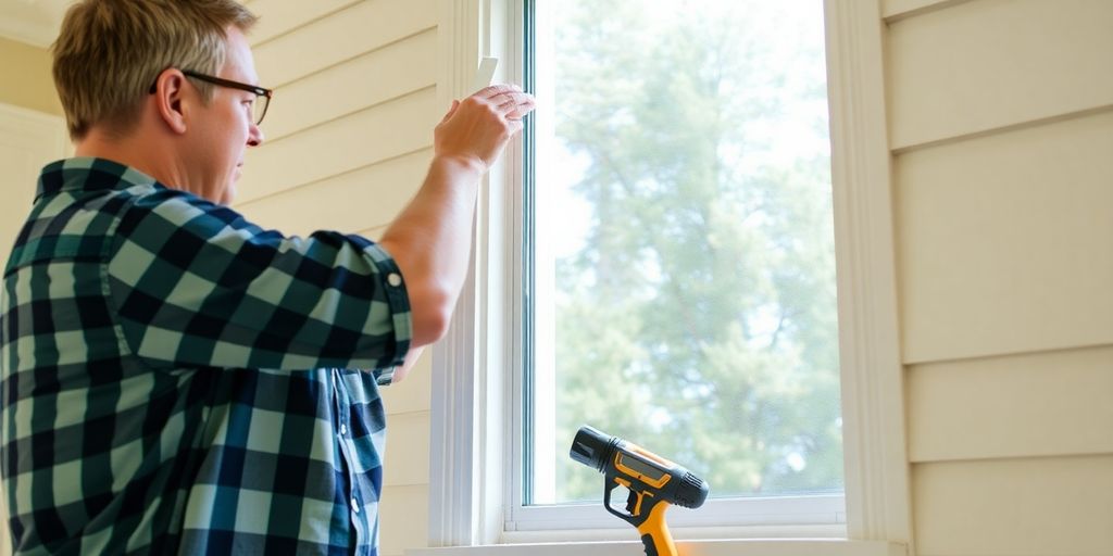 Homeowner installing aluminum windows with tools in hand.
