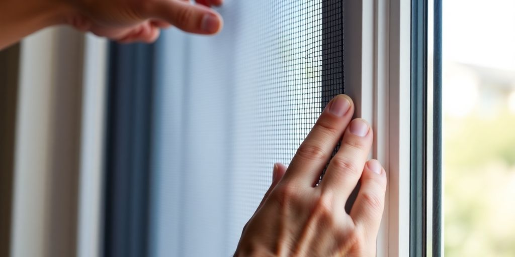 Hands installing a window screen without a frame.