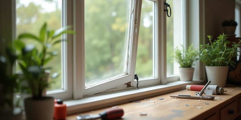 Sagging bay window needing repair in a home interior.