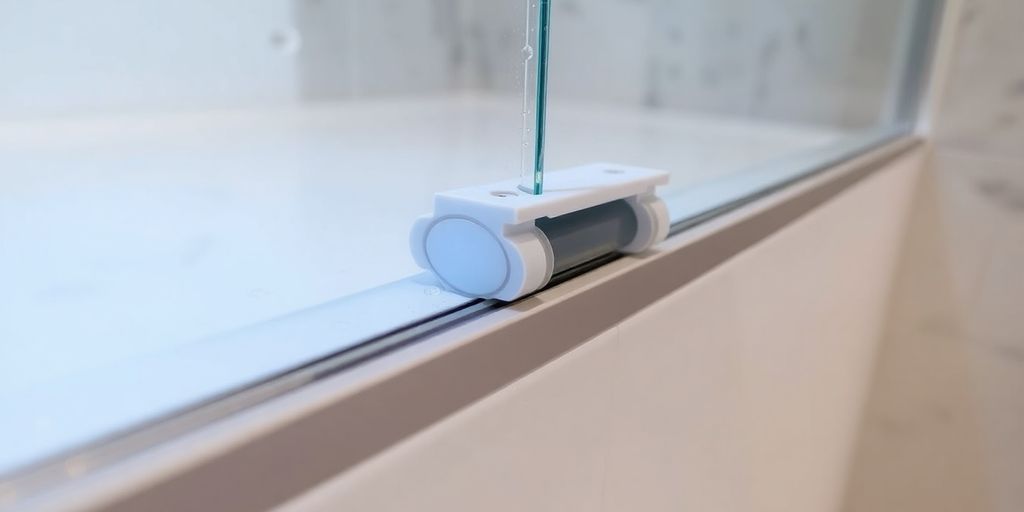 Close-up of sliding shower door bottom guide mechanism.