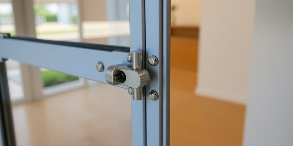 Close-up of a locked sliding door with a sturdy lock.