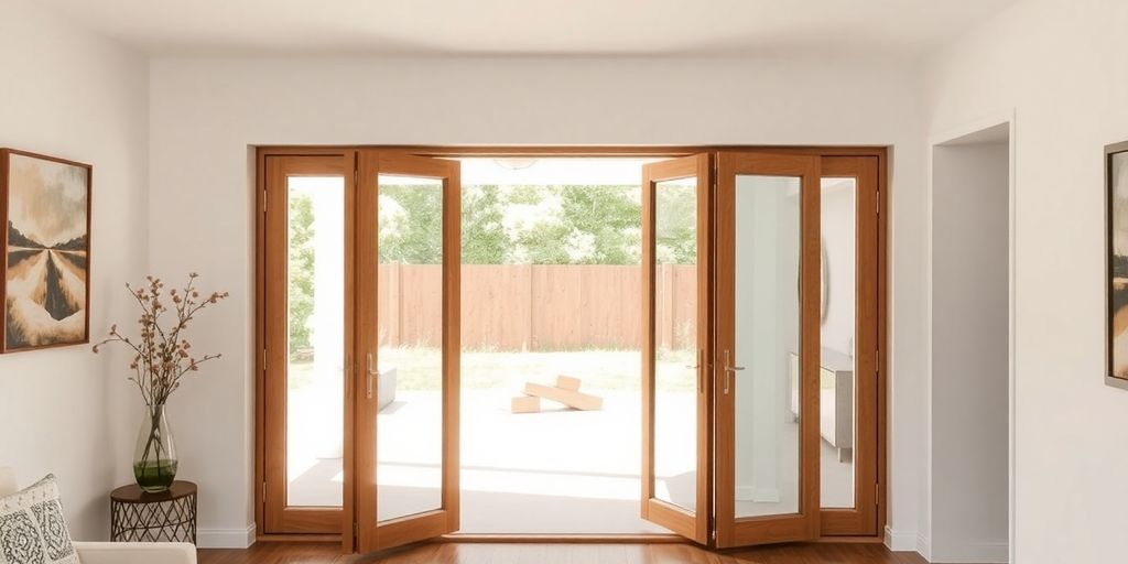 Bifold doors installed without tracks in a modern room.