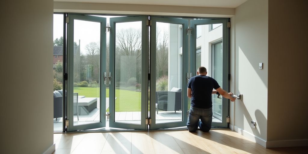 Installer fitting sleek bifold doors in a modern home.