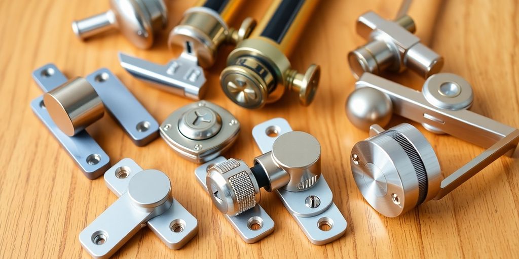 Various closet door locks arranged on a wooden surface.
