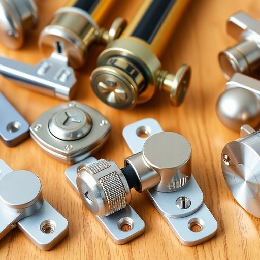 Various closet door locks arranged on a wooden surface.