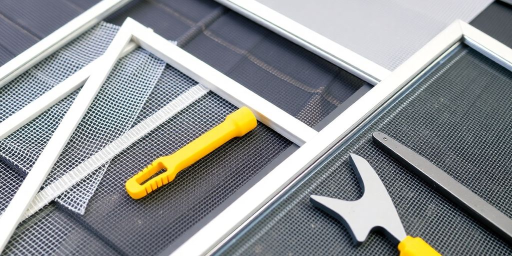 Various window screen repair parts on a clean surface.