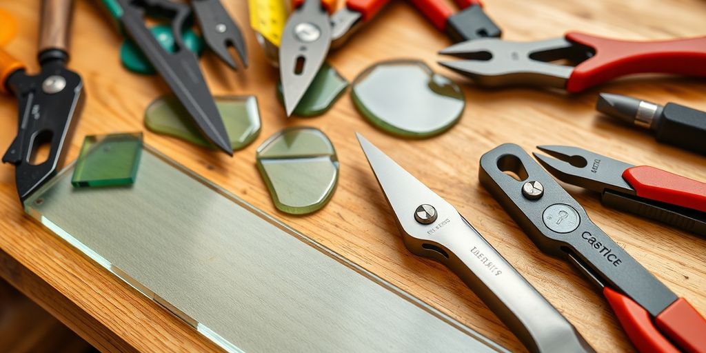 Variety of glass cutters on a workbench with glass pieces.