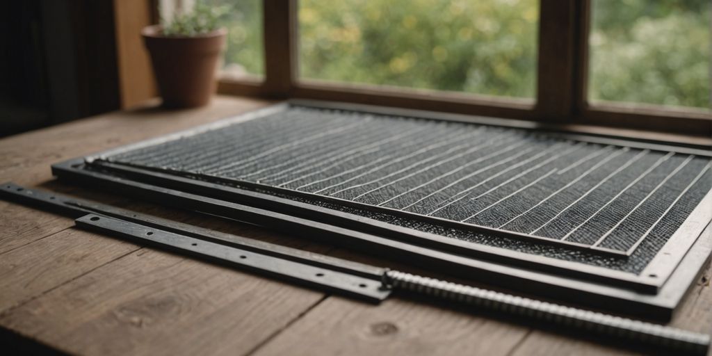 Assorted window screen replacement parts on a wooden surface