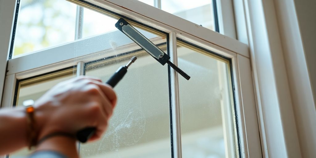 Person removing an old double hung window safely.