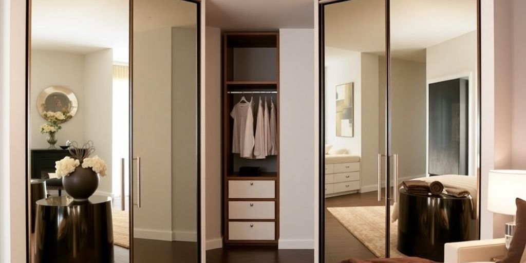 Modern interior with sleek mirrored closet doors.