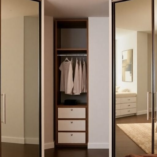 Modern interior with sleek mirrored closet doors.