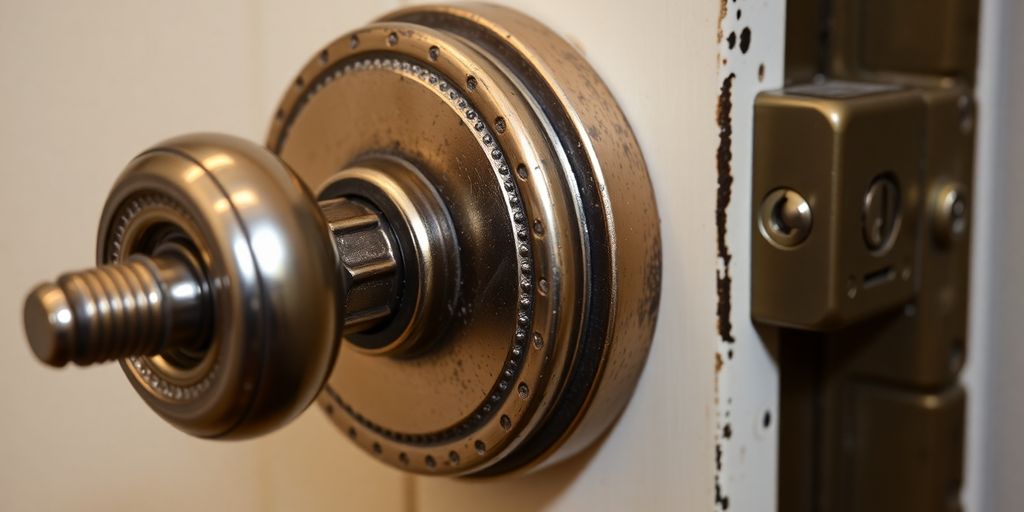 Close-up of a door knob highlighting its components.