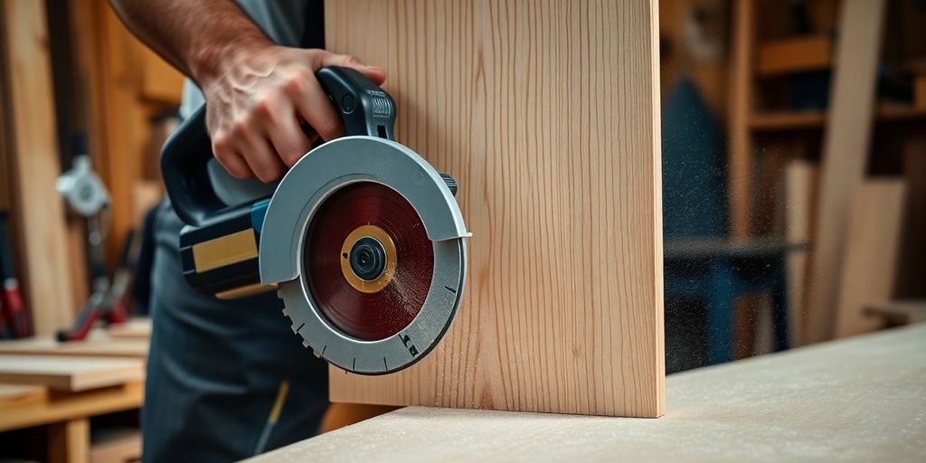 Carpenter cutting door with a circular saw.