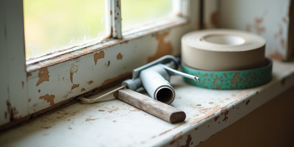 Image of sealing an old wooden window with weatherstrip.