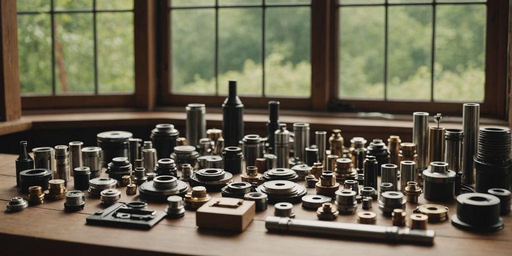 Assorted Andersen window parts displayed on a wooden surface.