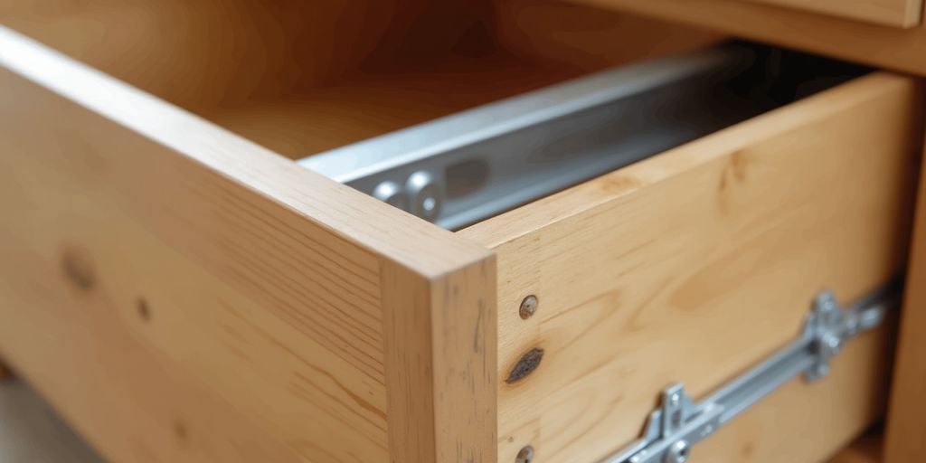 Metal drawer slides being removed from a wooden drawer.