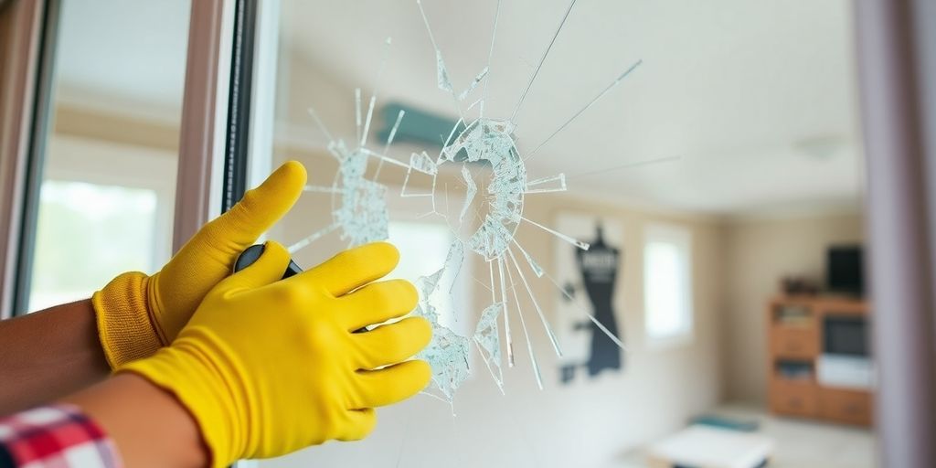 Person replacing glass in mobile home window.