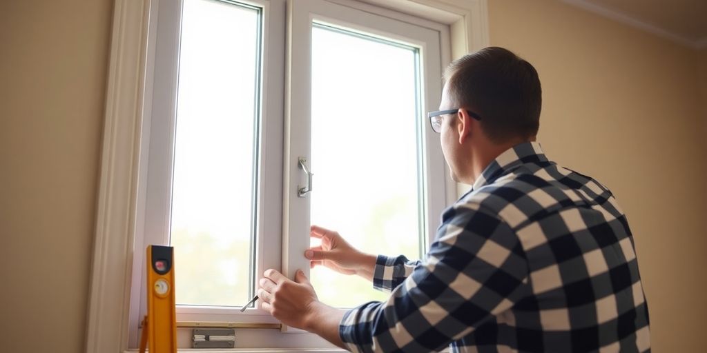Professional installing a vinyl window in a home.