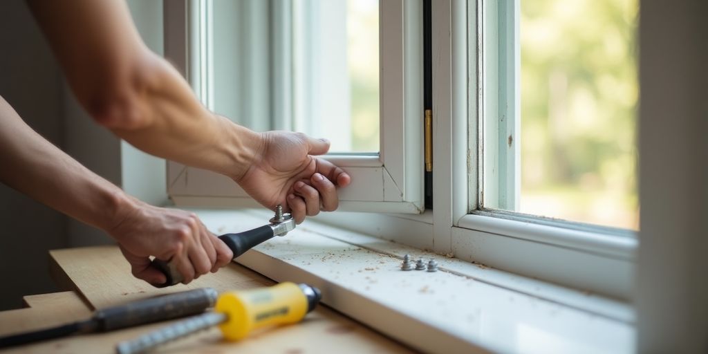 Hands removing a casement window with tools.