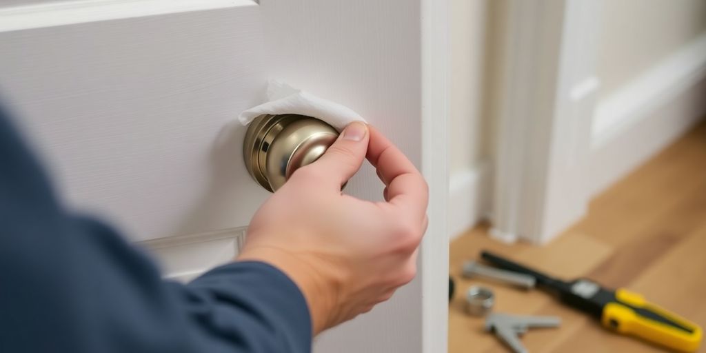 Hands installing a new door knob with tools nearby.