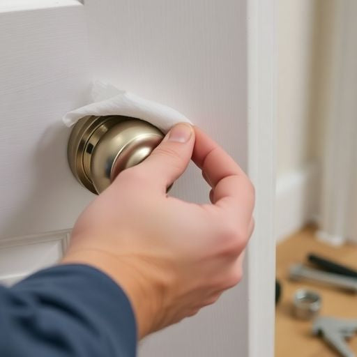 Hands installing a new door knob with tools nearby.