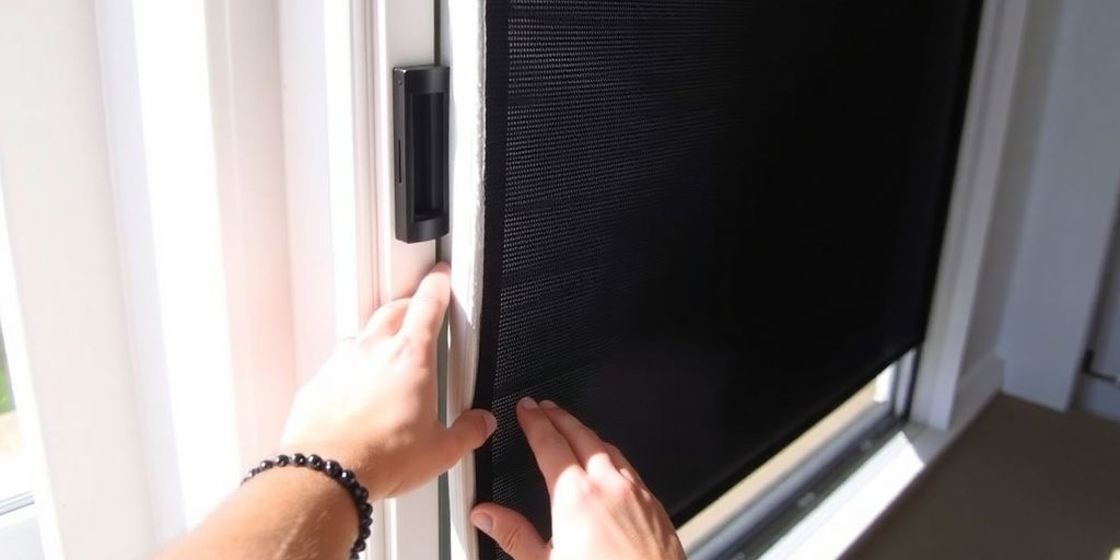 Person removing sliding screen door from track.