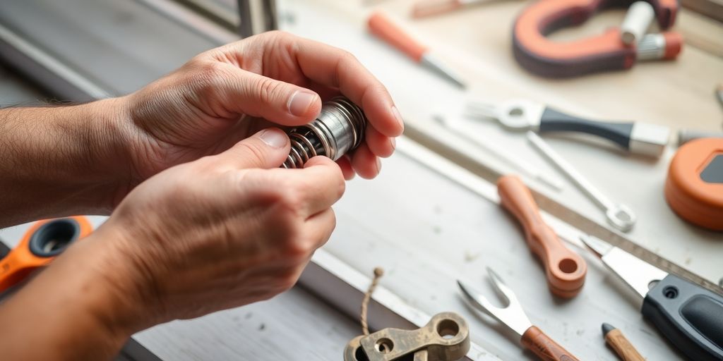 Hands repairing window springs with tools nearby.