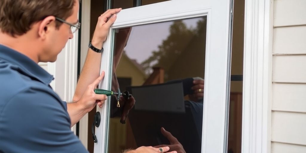 Homeowner installing Larson storm door glass panel.
