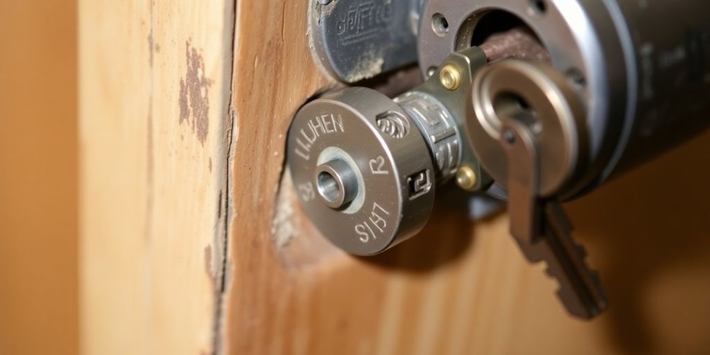 Close-up of a jammed door lock with a key.