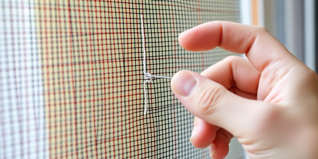Hand repairing a window screen with needle and thread.