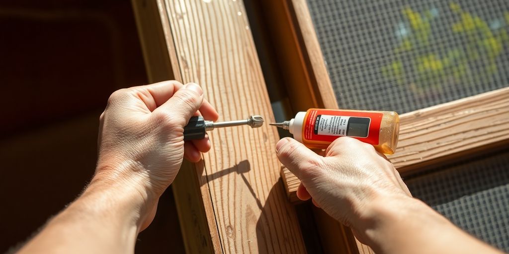 Hands repairing a wooden screen door with tools.