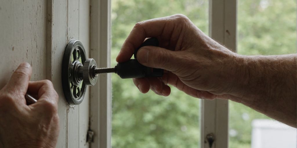 Hand using screwdriver on window crank