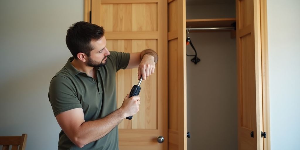 Homeowner fixing bifold closet doors with tools.