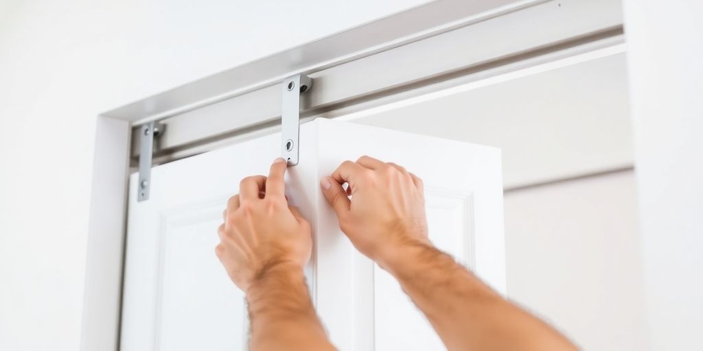 Person fixing a bifold closet door on track.