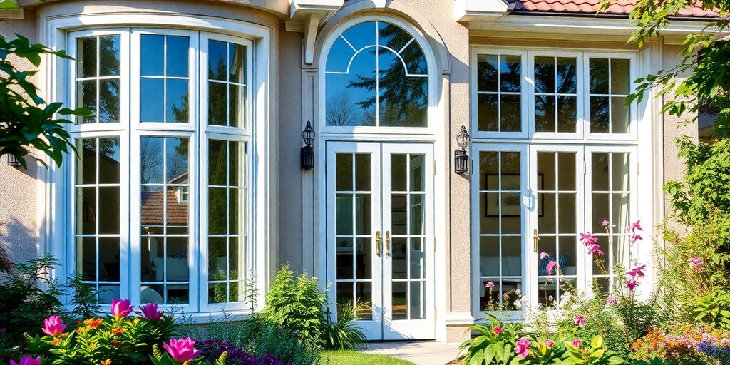 Elegant home with crystal windows and a vibrant garden.