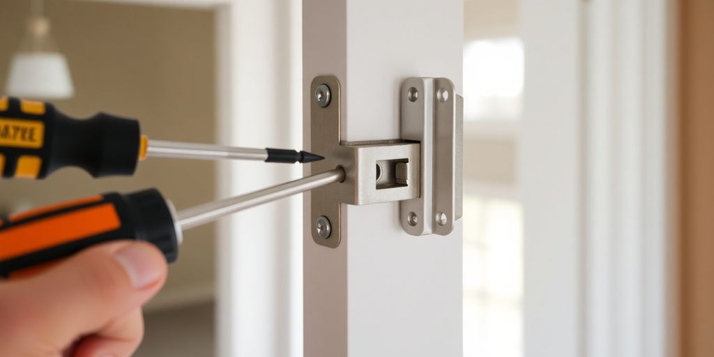 Close-up of a storm door hinge repair process.