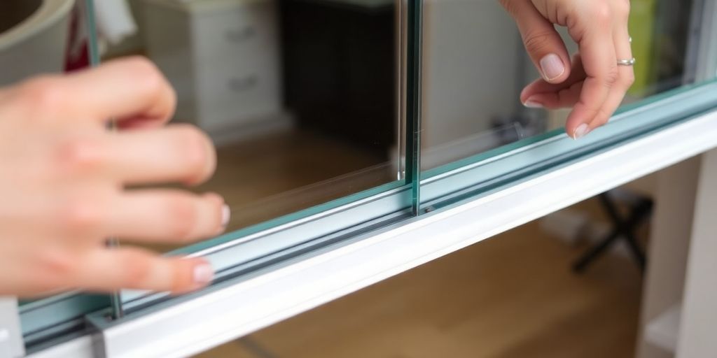 Hands fixing a sliding glass door onto its track.