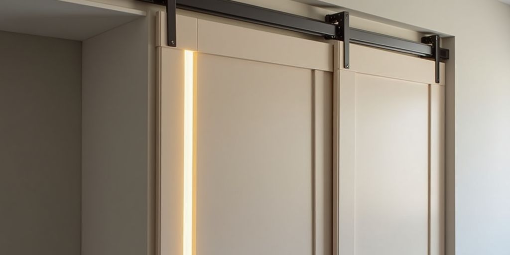 Close-up of a sleek sliding closet door installation.