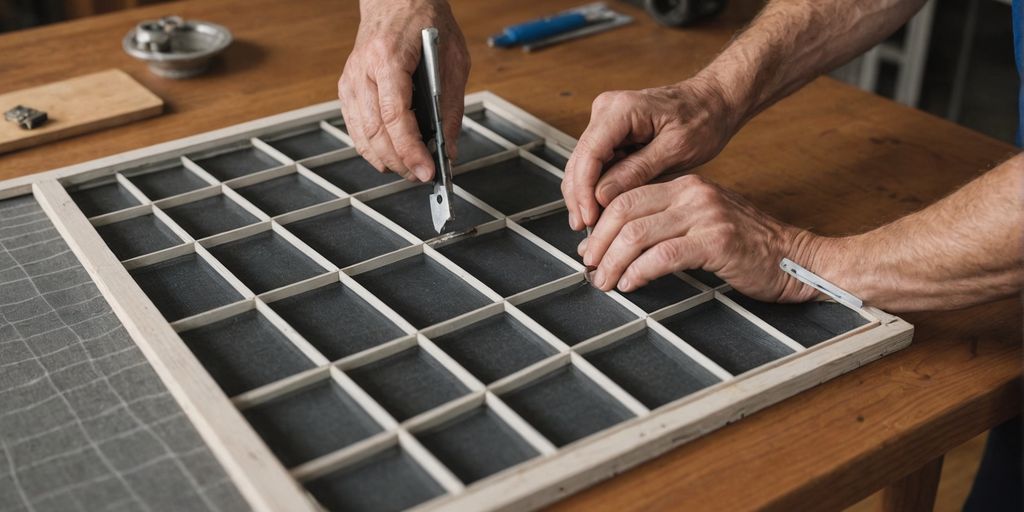 Hands replacing window screen with parts