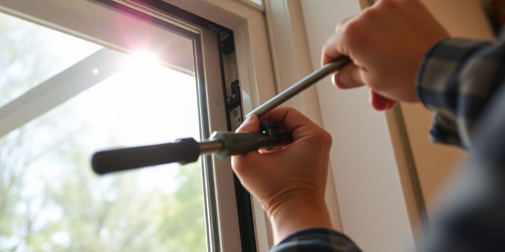 Person fixing a crank out window with tools.