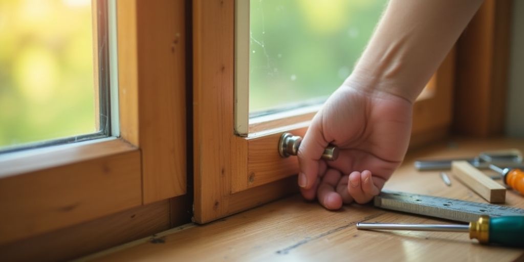 Close-up of a partially closed window with tools.