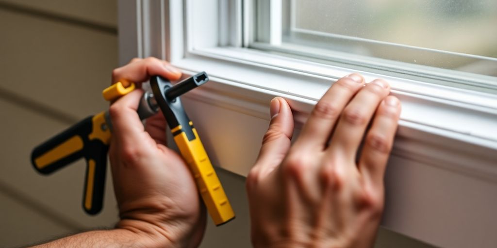 Hands replacing vinyl window trim with tools.