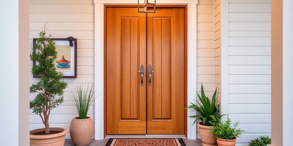Modern wooden door with stylish hardware and plants.