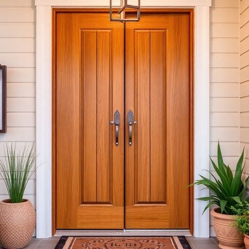 Modern wooden door with stylish hardware and plants.