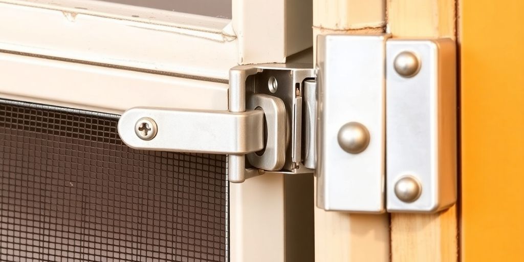 Close-up of a screen door latch mechanism.