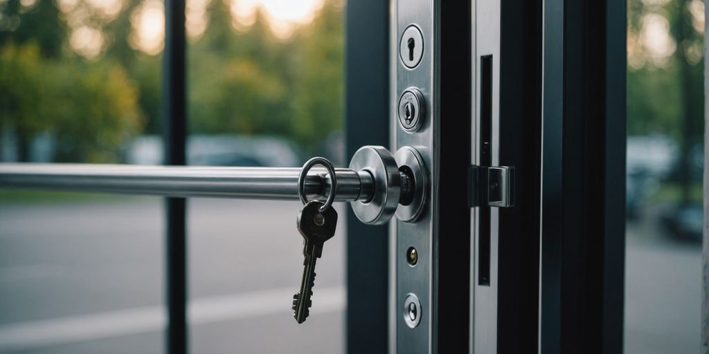 Sliding glass door lock with key for home security.